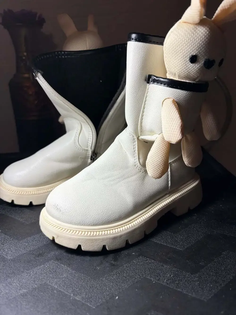 Toddler Girls White Faux Leather Lug Sole Winter Boots with Plush Bunny Accent